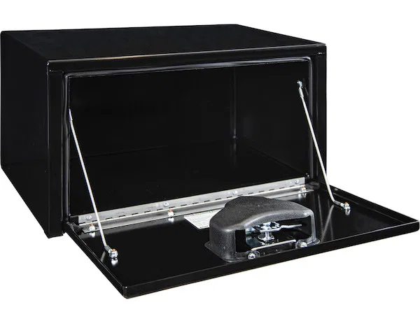 1703300 – BUYERS PROD Tool Box, Underbody 1 Recessed Drop Door Smooth Gloss Black Steel 24 Inch Length x 16 Inch Widt...